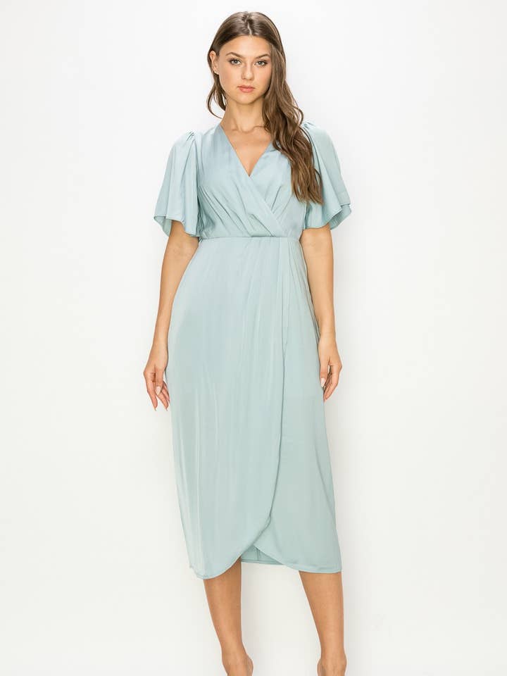 Elegant Wrap Midi Dress with Flutter Sleeves for wholesale by AIBLEE