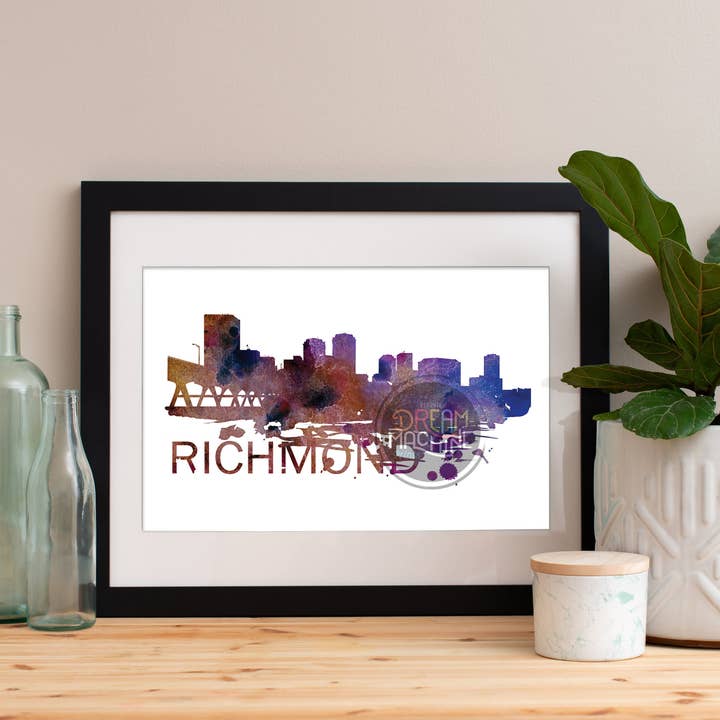 Skyline aquarelle de Richmond, horizon de Richmond, art de Richmond, affiche de Richmond, impression de Richmond, art de Richmond, carte de Richmond, art mural de Richmond WCS130 pour la vente par DreamMachine Prints