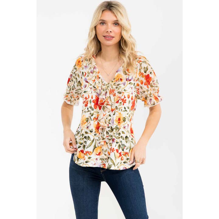BLUSA CASCATA COM PREGAS E MISTURA DE TECIDOS FLORAIS por atacado de Perseption