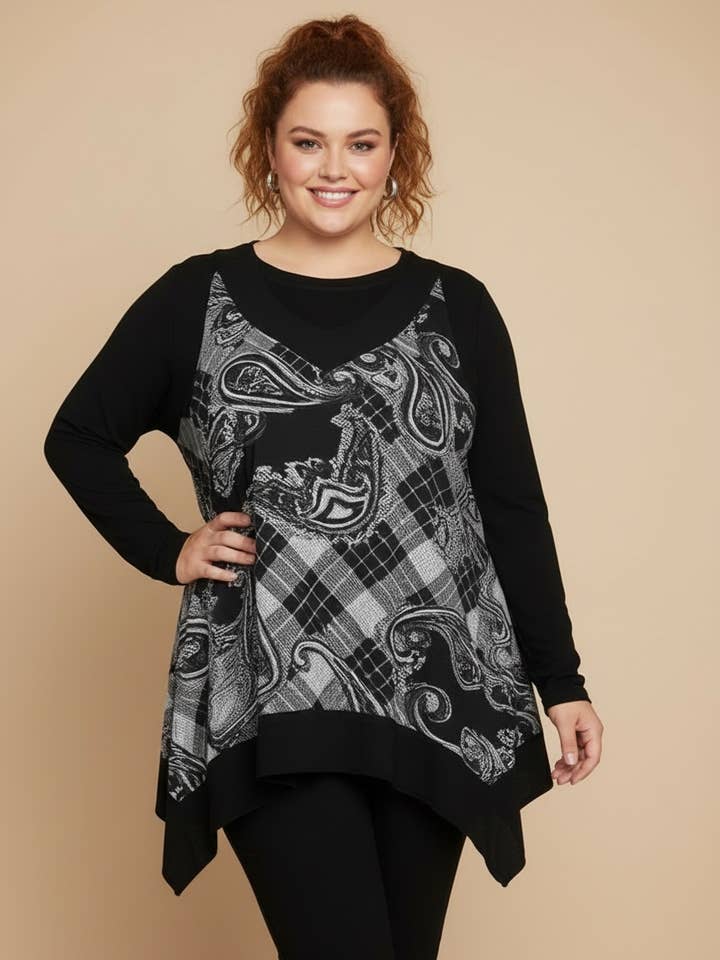 Set maglia + top stampato asimmetrico (A051) per la vendita all'ingrosso da parte di Pomme Rouge Paris