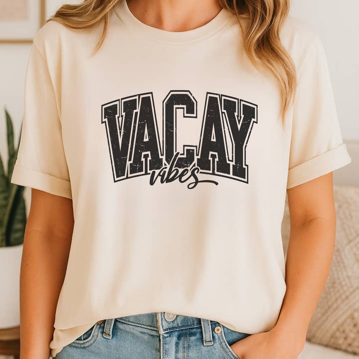Black Vacay Vibes Summer Graphic T-Shirt for wholesale by Trendznmore - Modern Graphic Apparel