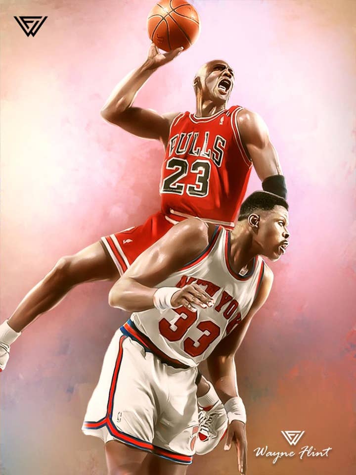 Micheal Jordan contro Patrick Ewing per la vendita all'ingrosso da parte di Wayne Flint Digital Portraits
