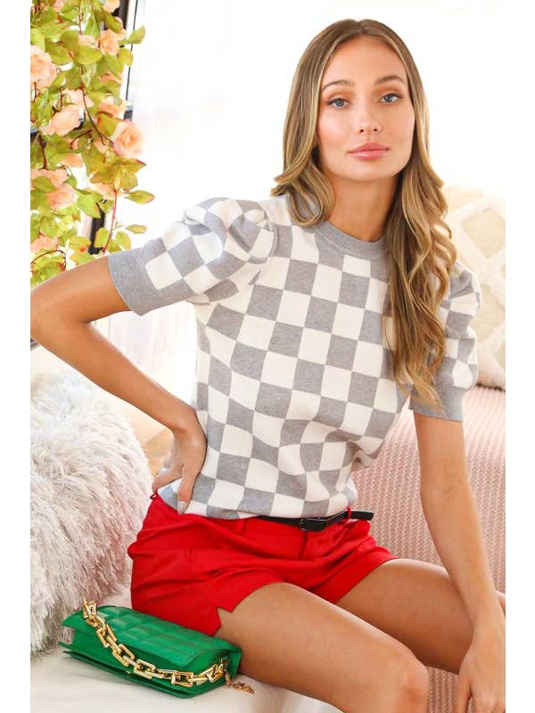 Vine & Love - Wholesale Knit Sweater - Women's - Checkerboard Crew Neck Short Puff Sleeve Sweater VT813459