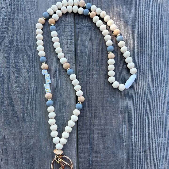 JILLIAN INK LLC - Wholesale Lanyard - Unisex - Teach Grey and Wood Beaded Lanyard with Breakaway Clasp