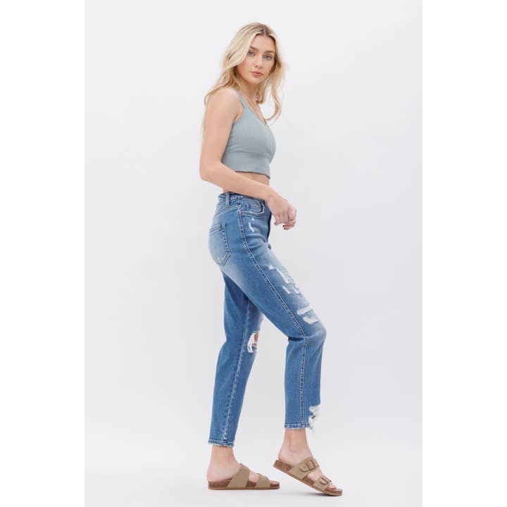 QUADY STRETCH SUPER HIGH RISE MOMJEAN WITH MENDING for wholesale on Faire