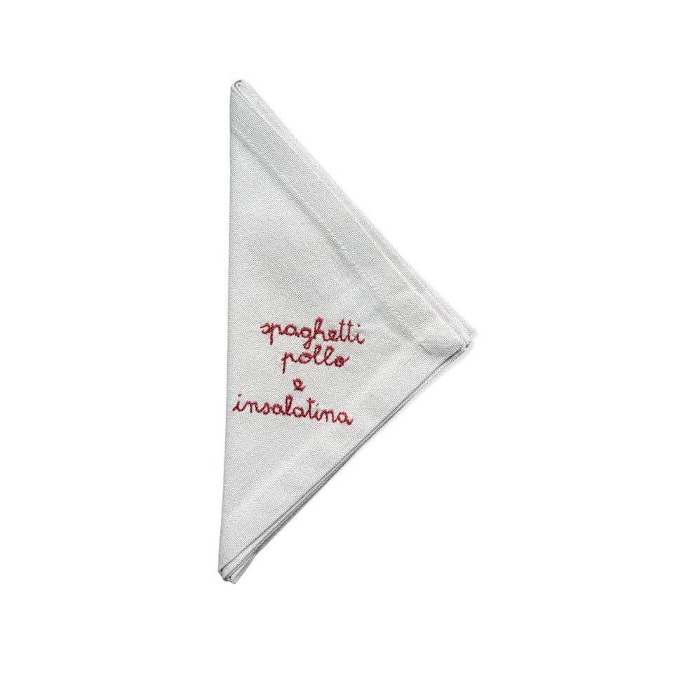 Volants Volant - Wholesale Dinner & Cloth Napkin - Hand embroidered 'spaghetti chicken and salad' powder-pink cotton napkin0