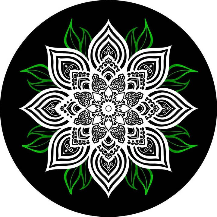 White Mandala Flower With Green Spare Tire Cover for wholesale by Dirty Acres