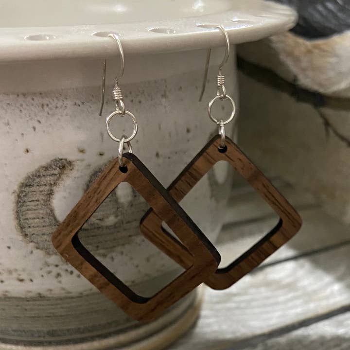 Walnut wood earrings - open square for wholesale by Chickadee Creations