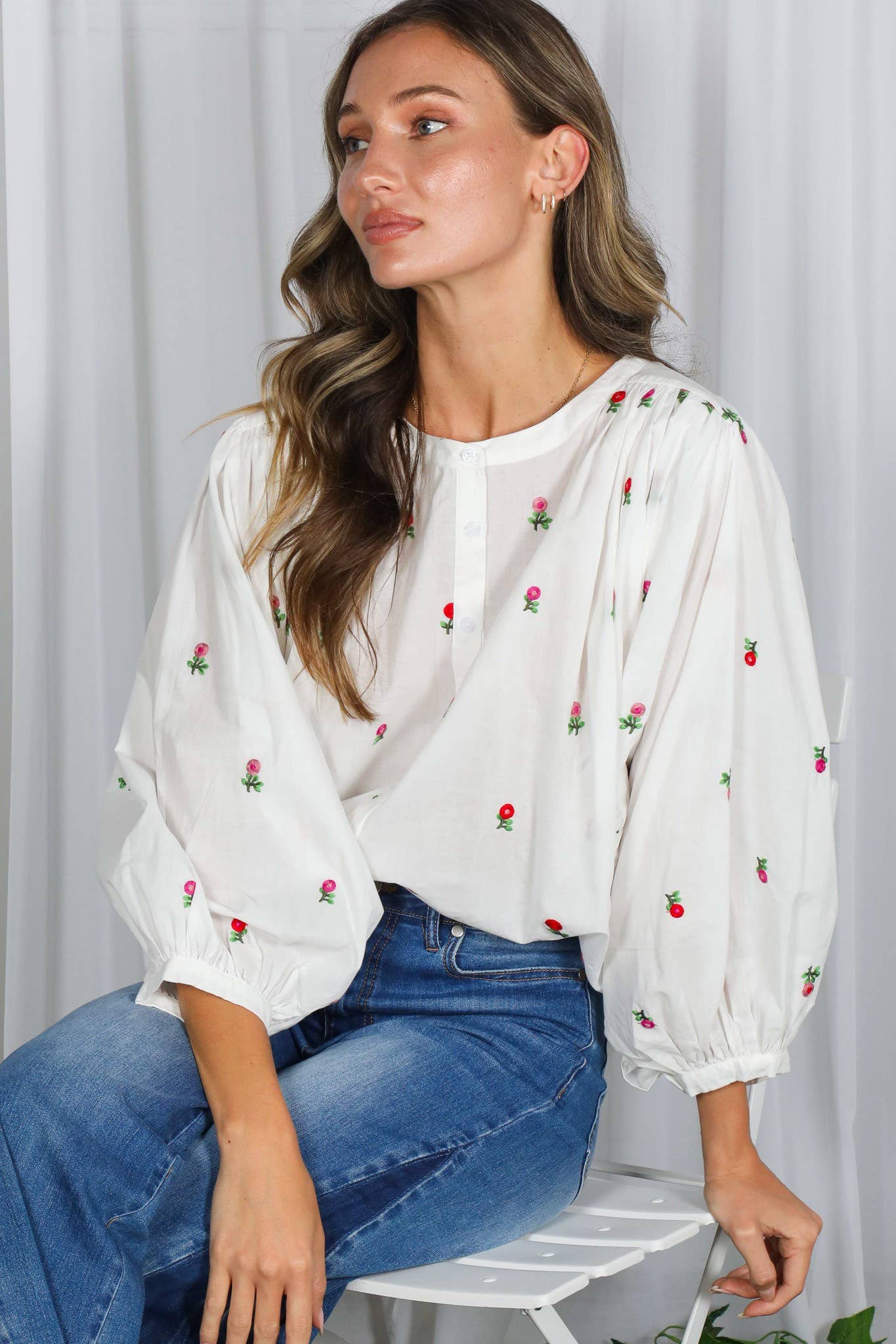 Off White English Ross Embroidered Draped 3/4 Sleeve Blouse VT82897 for wholesale on Faire9