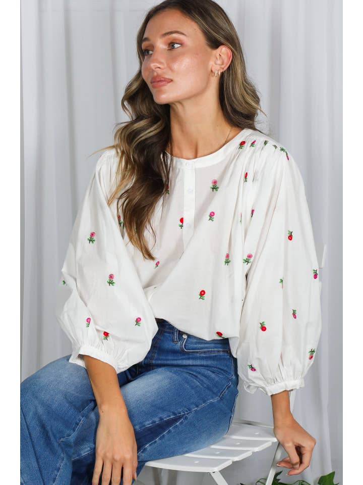 Off White English Ross Embroidered Draped 3/4 Sleeve Blouse VT82897 for wholesale on Faire9