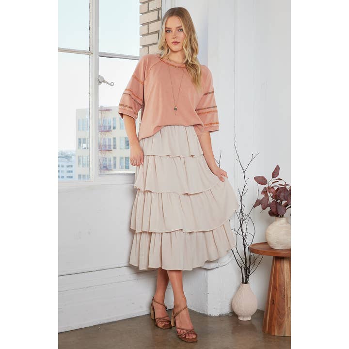 mittoshop – Engroshandel Nederdel - Dame – CHIFFON VOLANT LAGDELT ELASTISK TALJE MIDI NEDERDEL5