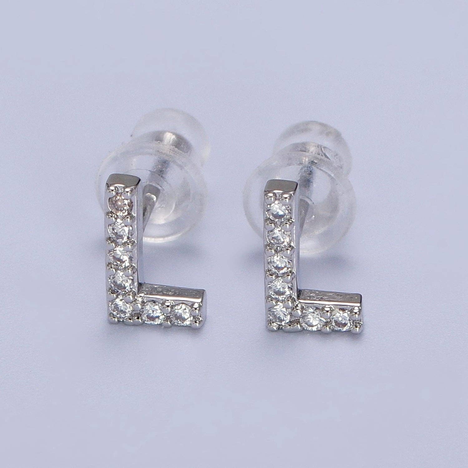 Aim Eternal - Wholesale Stud/Post Earrings - White Gold Filled Tiny Initial Letter Diamond CZ Silver Stud11