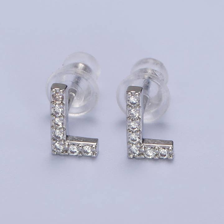 Aim Eternal - Wholesale Stud/Post Earrings - White Gold Filled Tiny Initial Letter Diamond CZ Silver Stud13