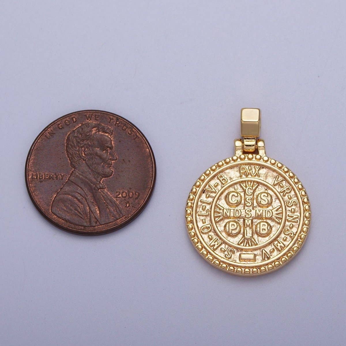 Aim Eternal - Wholesale Individual Charm/Pendant - 24K Gold Filled Saint St. Benedict SMQLIVB PAX VRSNSMV, Cross Moline CSSML NDSMD Religious Coin Pendant | C-5981