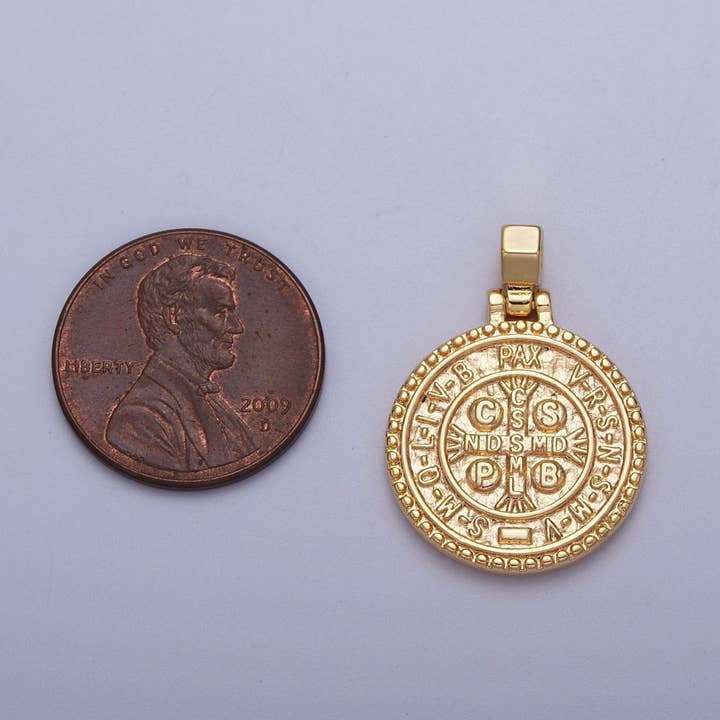 Aim Eternal - Wholesale Individual Charm/Pendant - 24K Gold Filled Saint St. Benedict SMQLIVB PAX VRSNSMV, Cross Moline CSSML NDSMD Religious Coin Pendant | C-5981