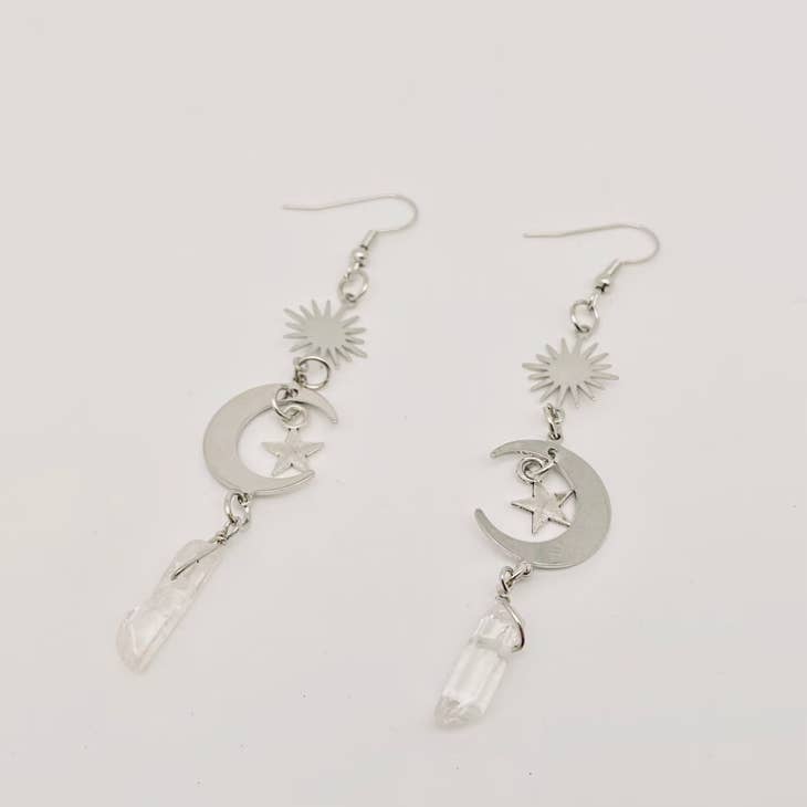 Wholesale Silver Moon Stars White Crystal Pendant Earrings for your store -  Faire