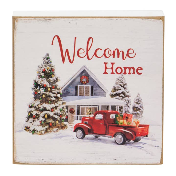 Bienvenue à la maison Vintage Red Truck Square Block pour la vente par The Hearthside Collection