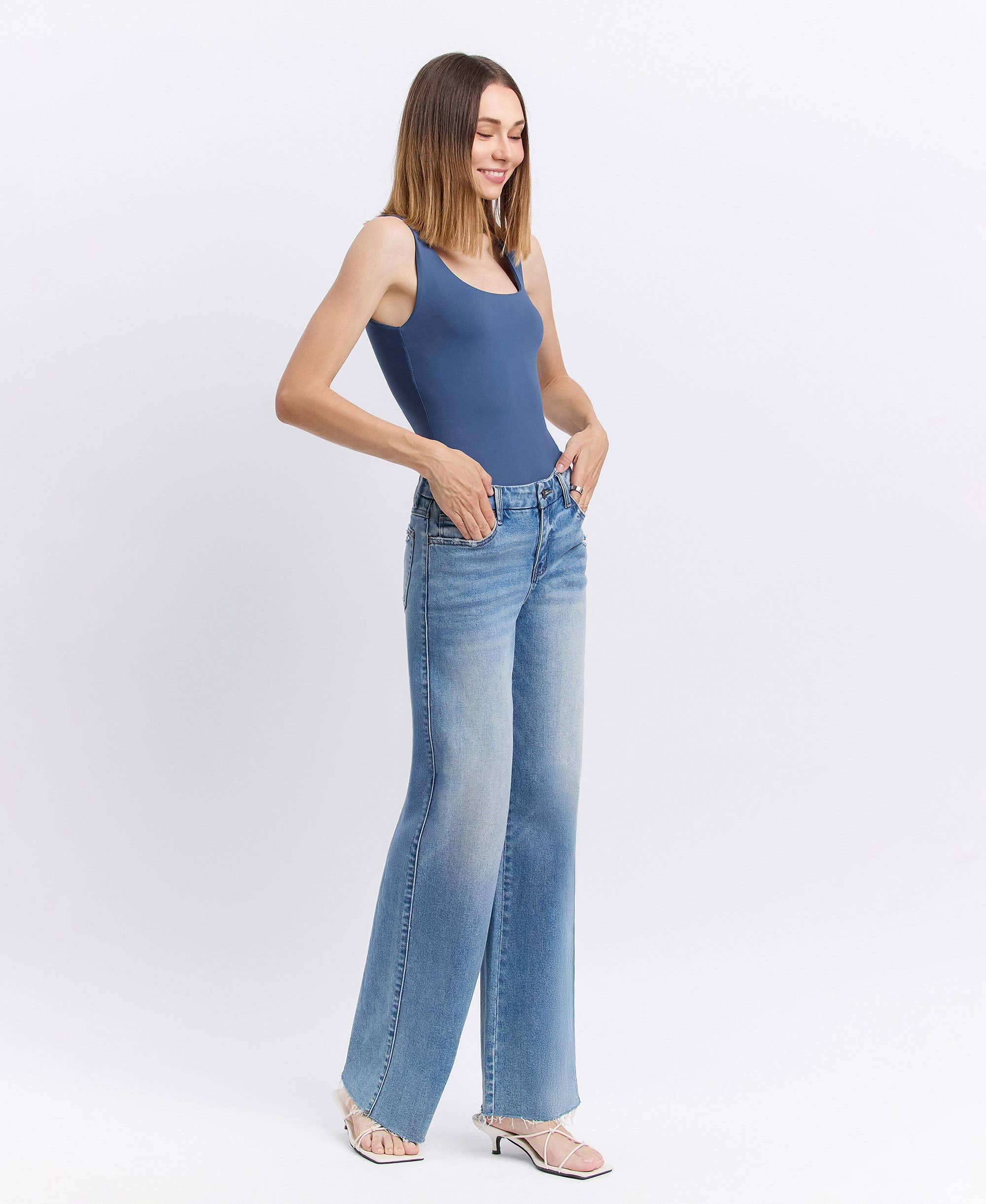 VOUCHSAFE MID RISE MEDIUM WASH CLEAN CUT RAW HEM WIDE JEANS T6017N for wholesale on Faire4