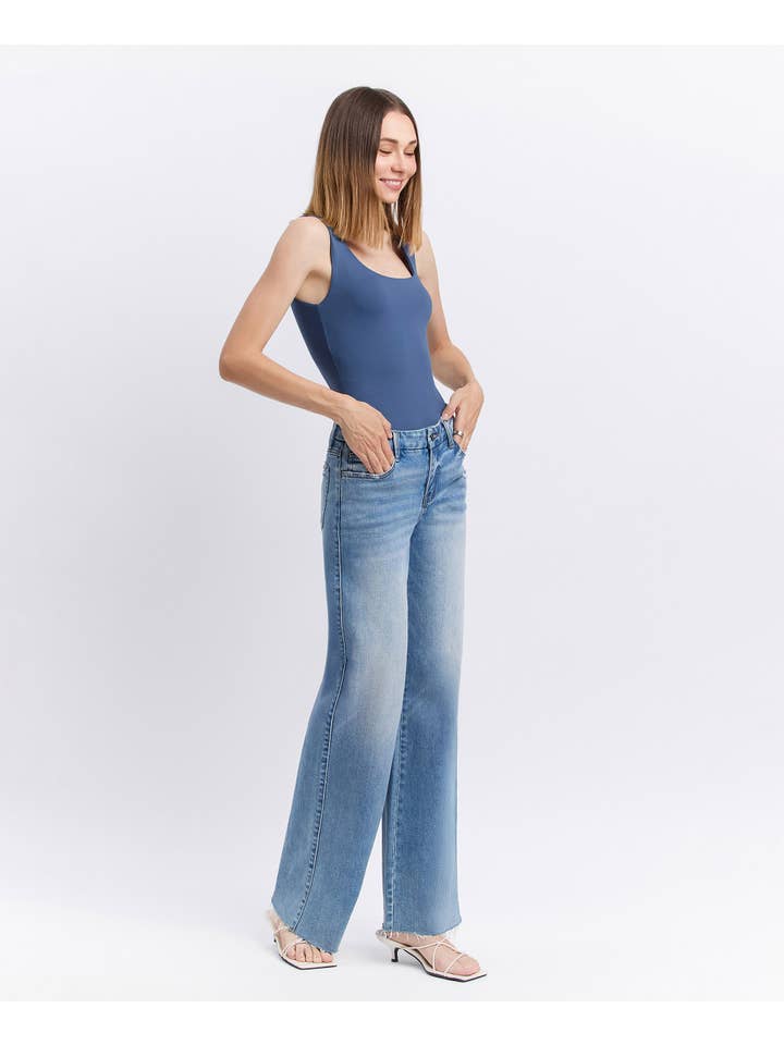 VOUCHSAFE MID RISE MEDIUM WASH CLEAN CUT RAW HEM WIDE JEANS T6017N for wholesale on Faire4