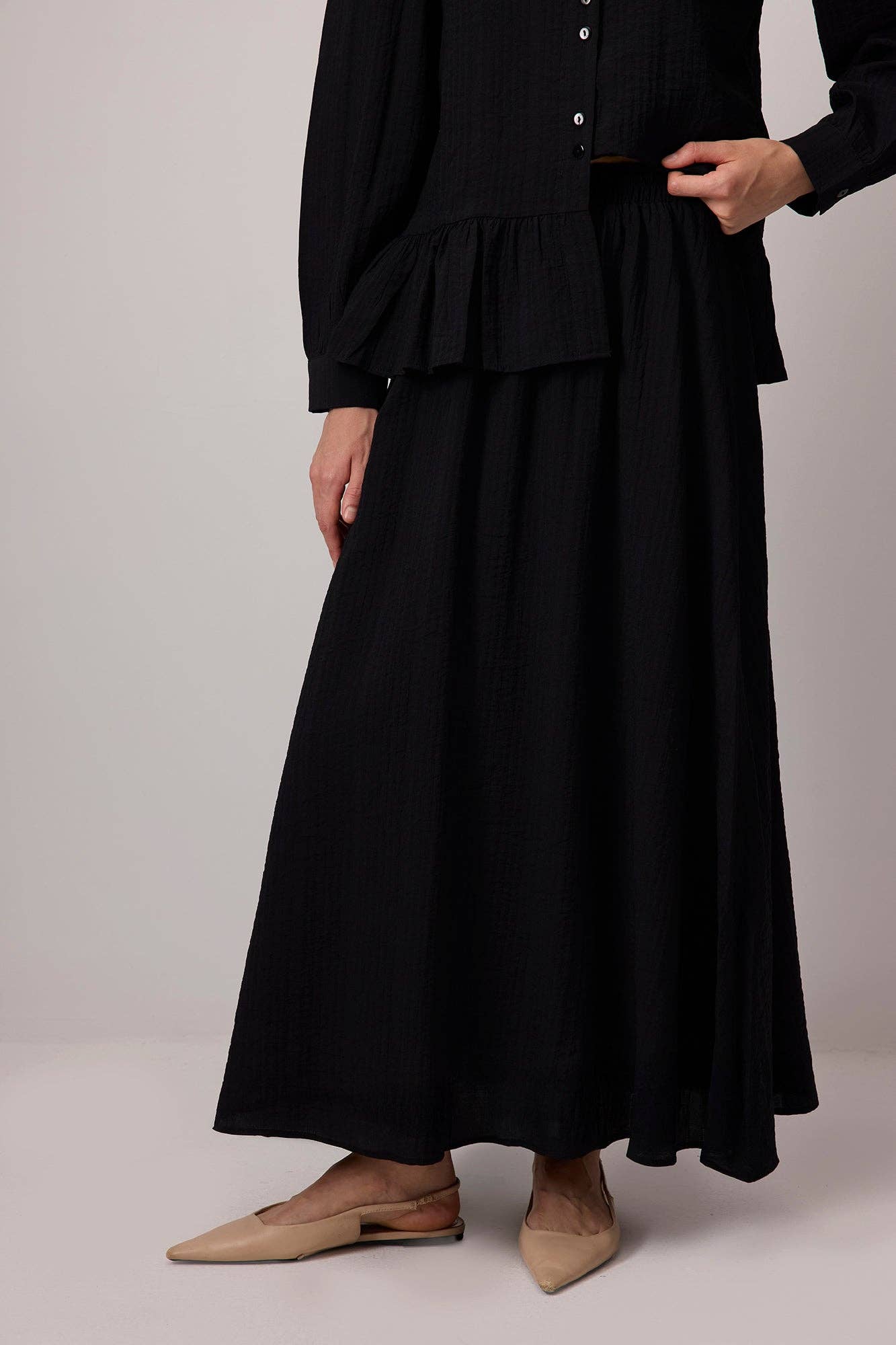 Black FLOUNCED SHIRT AND SKIRT SET for wholesale on Faire4