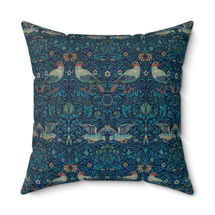 Cuscino in finta pelle scamosciata ispirato a William Morris - Collezione Bluebird per la vendita all'ingrosso da parte di Willy Morris Home Emporium
