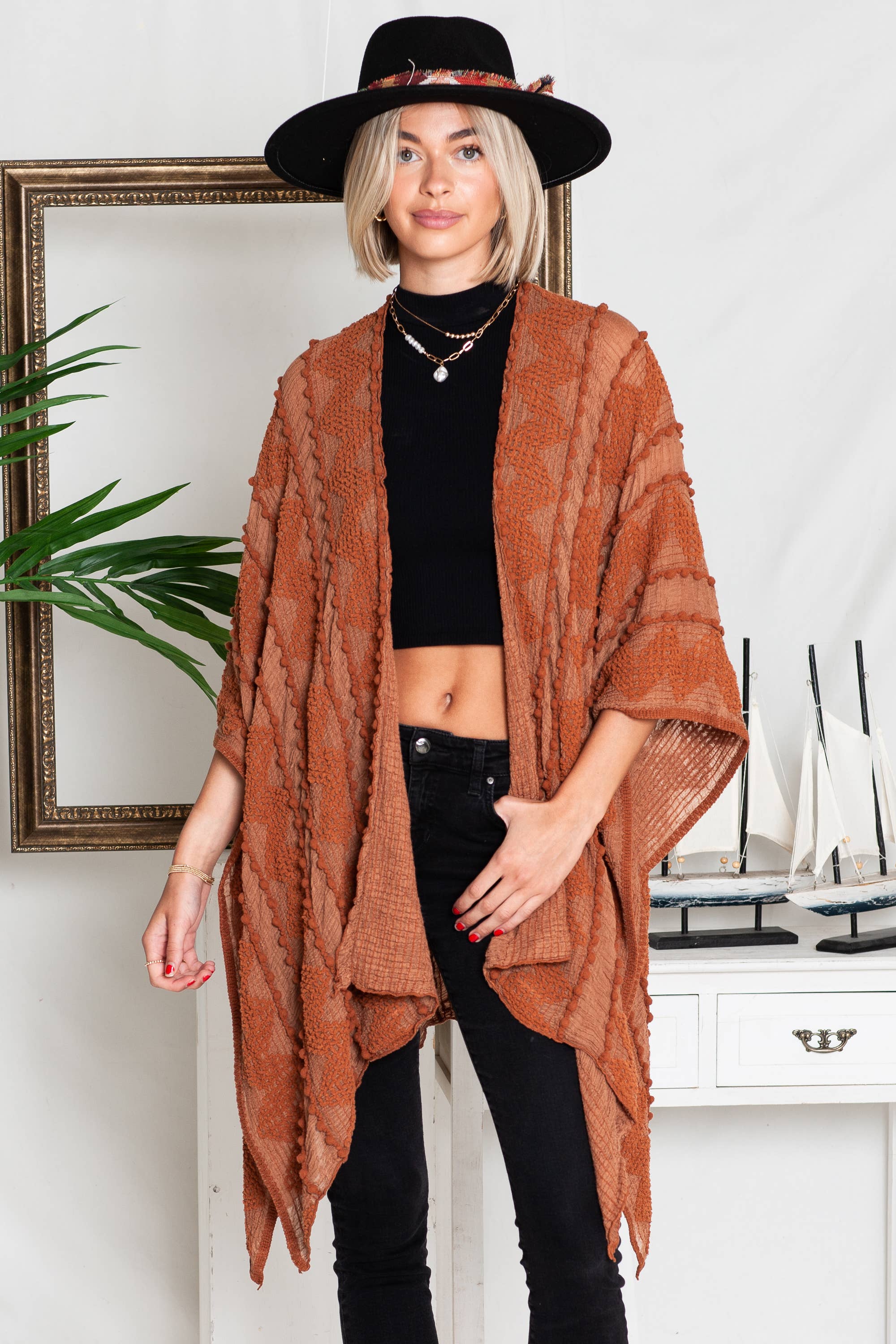 Justin & Taylor - Wholesale Kimono - Women's - Puffer-Up | Soft Textured Cover-Up Kimono With Pom Detail46