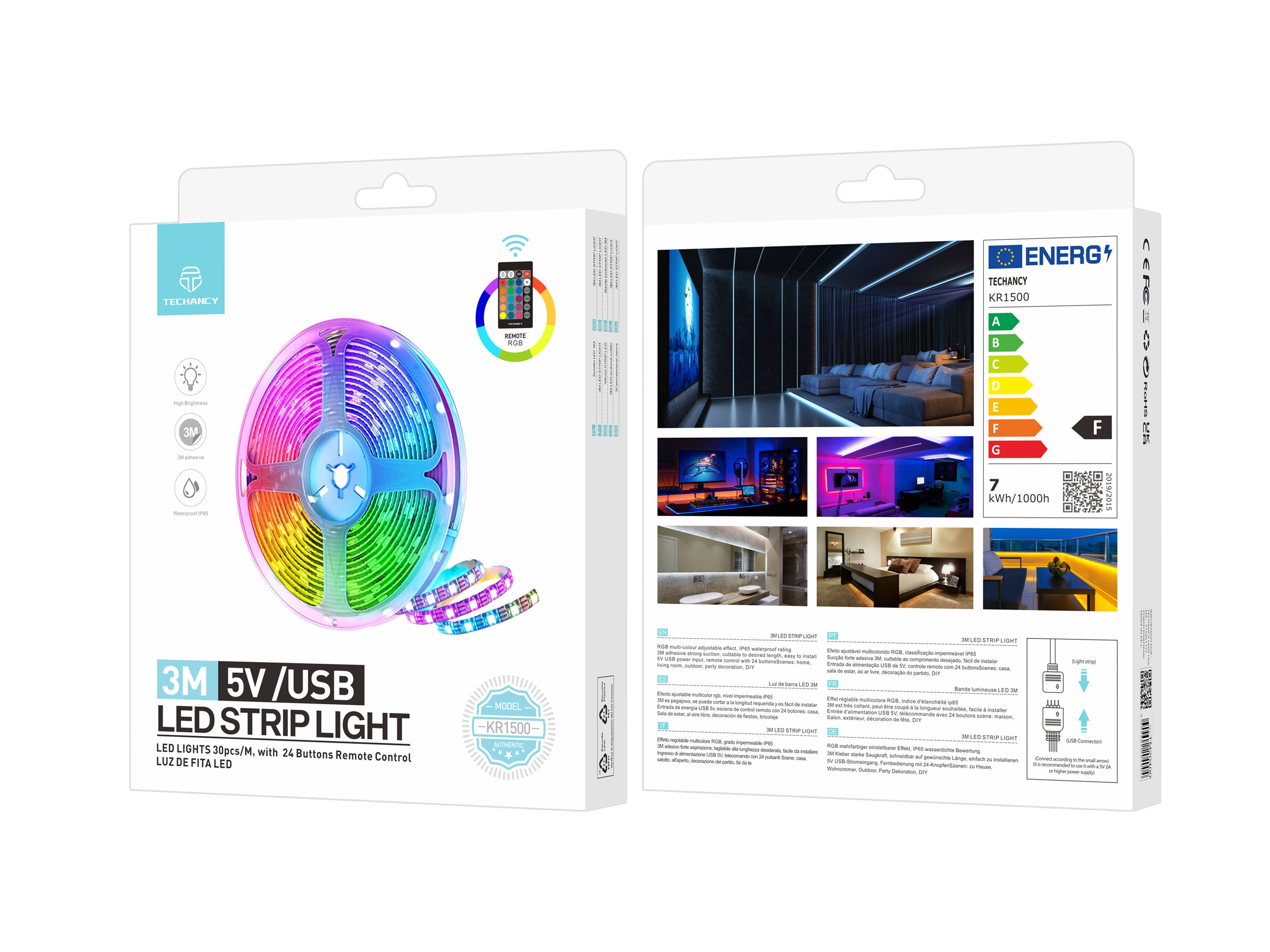 TECHANCY - Wholesale String Lights - Multi-functional RGB LED Strip Light, USB Powered, 3m Long, 3