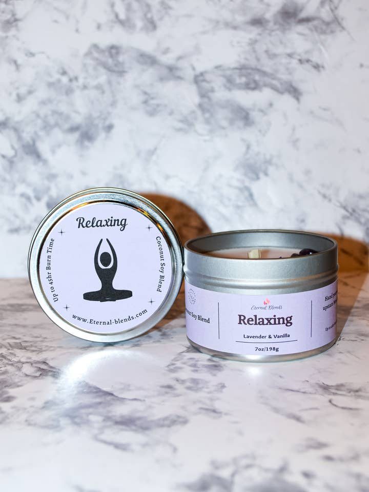Relaxing tin candle for wholesale by Eternal Blends