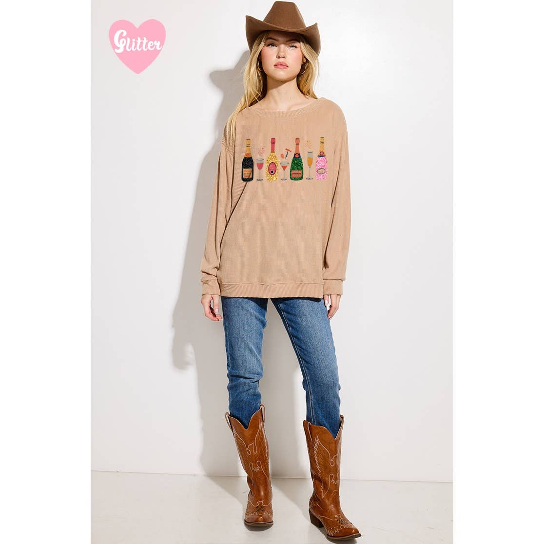 Phil Love - Wholesale Graphic Sweatshirt - Women's - Champagne bottle glitter Ribbed Long Sleeve Top1