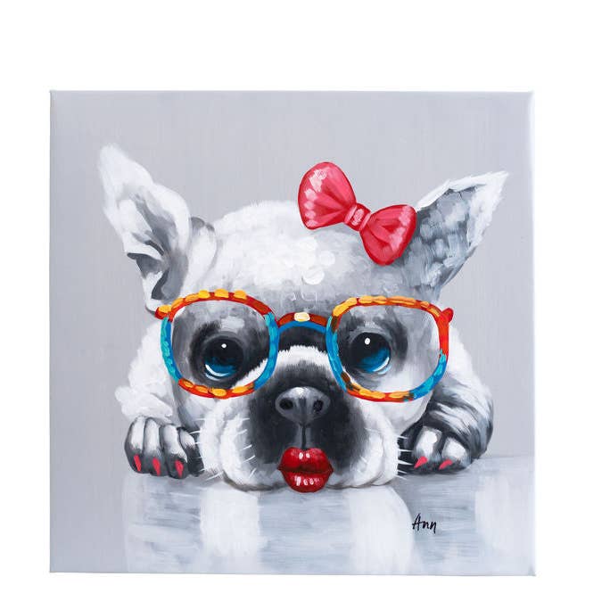 Fun Animal Art – Großhandel Malen/Zeichnen – Französische Bulldogge Mädchen | Handgemaltes Öl auf Leinwand | 50x50cm Gerahmt.