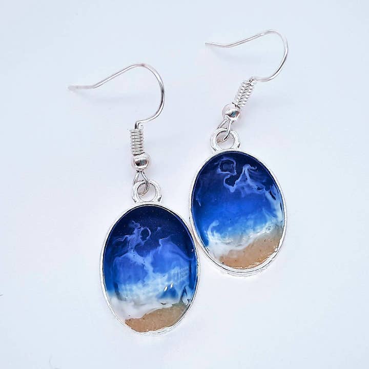 Handmade/Handcrafted Resin Ocean Beach Wave Oval Earrings for wholesale by JEMS of the Sea