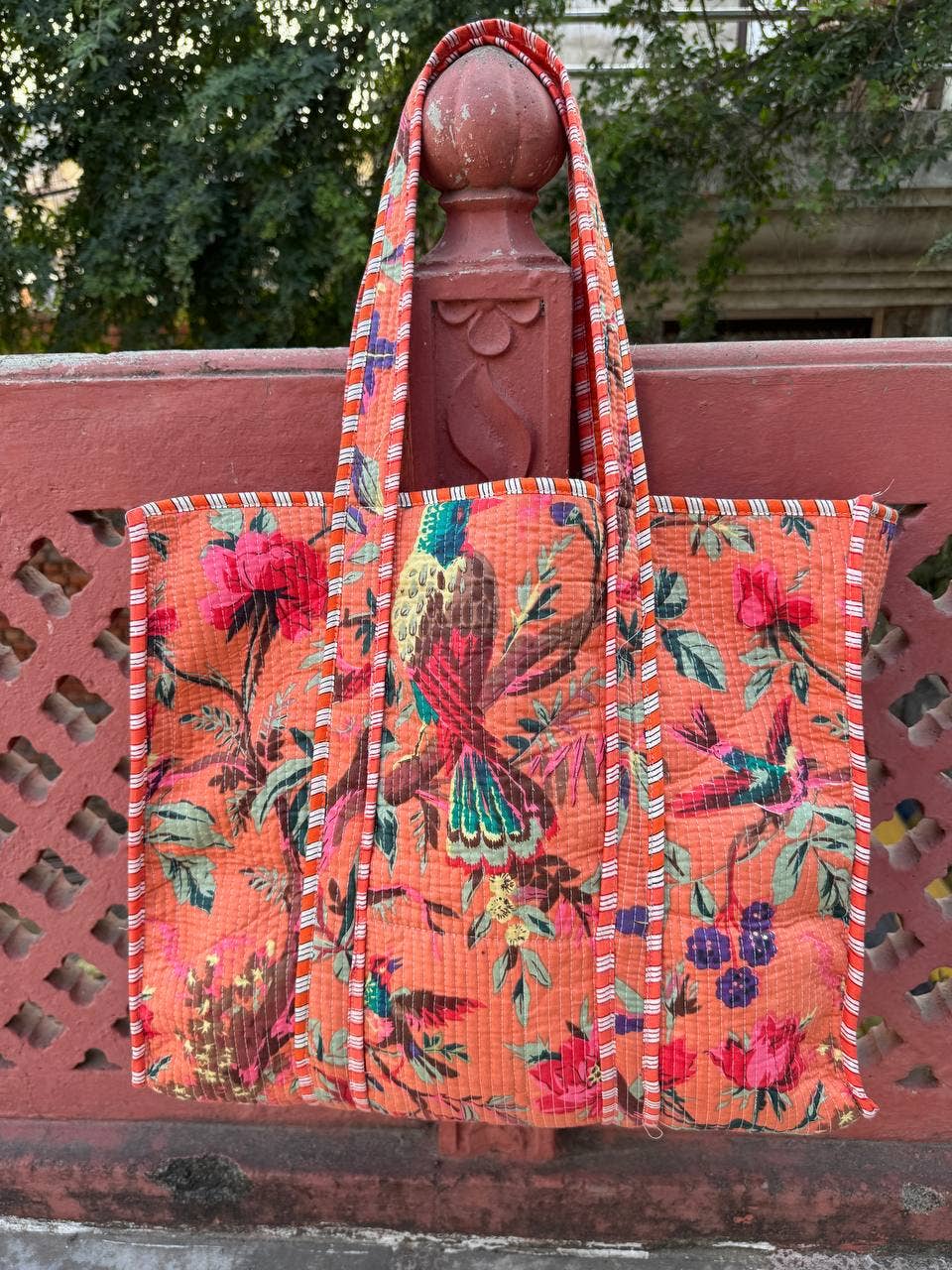 Bhawana Handicrafts – Sacola - Mulher por atacado – Bolsa de algodão acolchoada com estampa de pássaros para meninas, sacola de mercado3