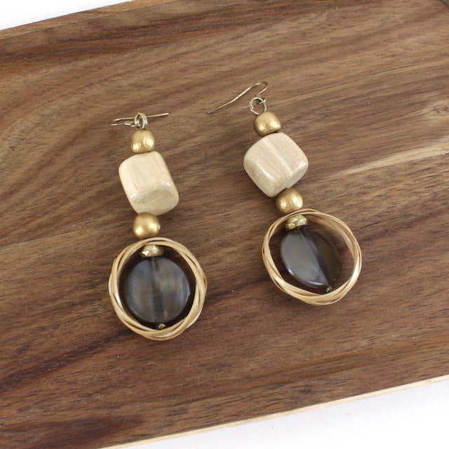 E25423 Gmelina Arborea Wood/Raffia/Resin Dangle Earrings for wholesale by Pretty Persuasions