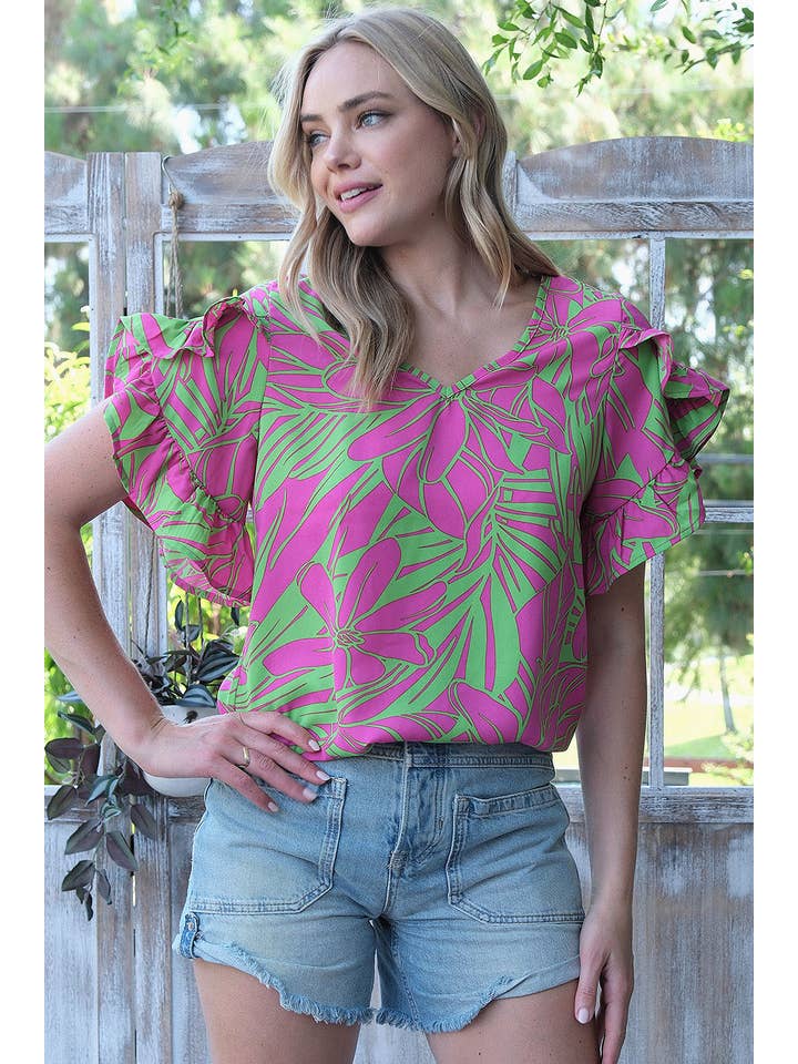 FUCHSIA GREEN ST2407-E - PRINTED WOVEN RUFFLED TULIP SLEEVE V NECK TOP for wholesale on Faire3