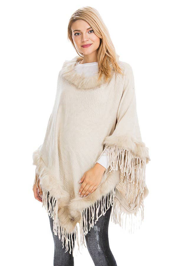Cap Zone - Wholesale Poncho - Women's - Cable Printed Faux Fur Collar And Trimming Poncho8