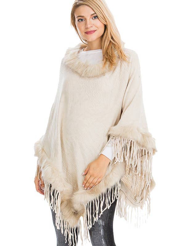Cap Zone - Wholesale Poncho - Women's - Cable Printed Faux Fur Collar And Trimming Poncho8