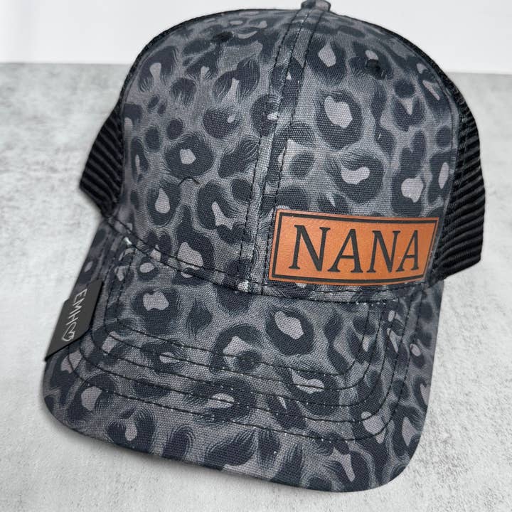 Custom Leopard Print Trucker Hat – Personalized Patch Hat for Nana, Mama, Mimi + More for wholesale by Embellish My Heart