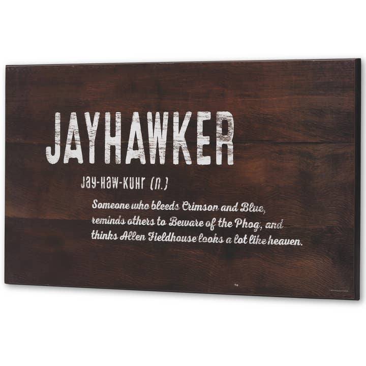 Open Road Brands, LLC - Wholesale Sign - University of Kansas Jayhawker Definition Rustic Wood Sign