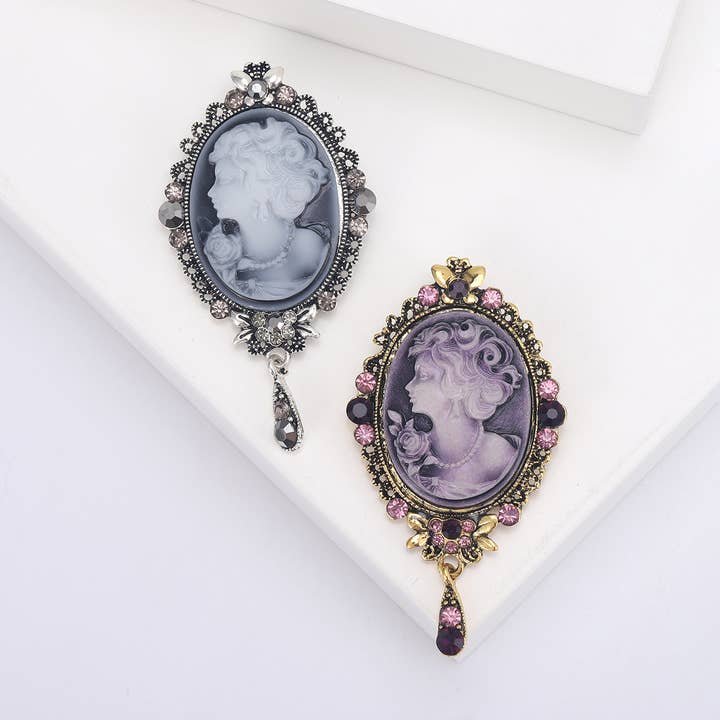 Vintage Cameo Brooch, Rhinestone Accent Drop Pendant Pin for wholesale by Tourtiwi