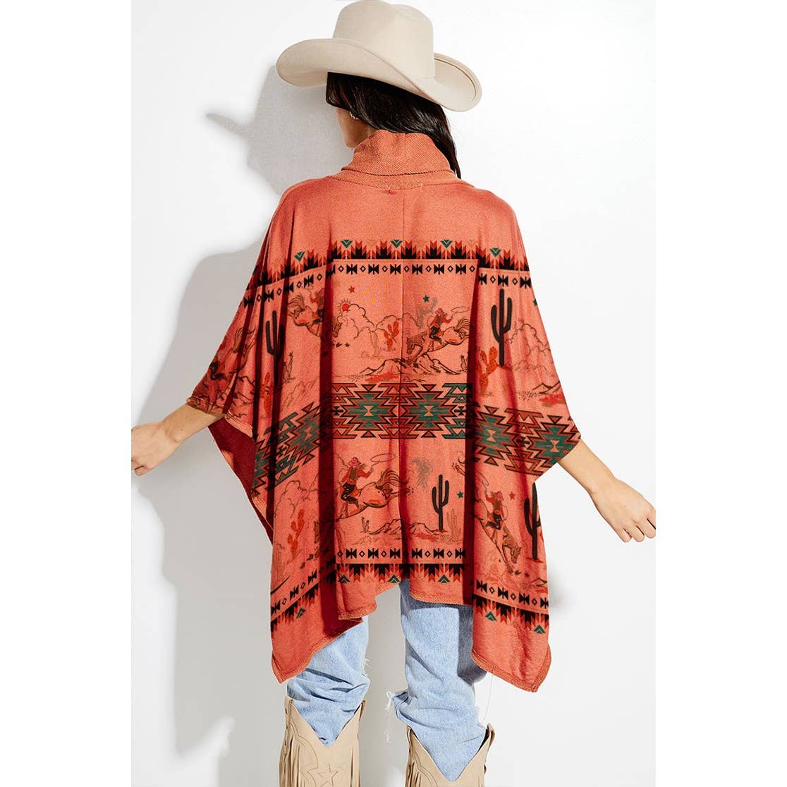 Phil Love - Wholesale Poncho - Women's - Rodeo cowgirl aztec print turtle neck poncho4