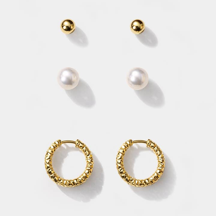 Set of golden earrings in stainless steel & pearls - SF253E006GL for wholesale by Bizou