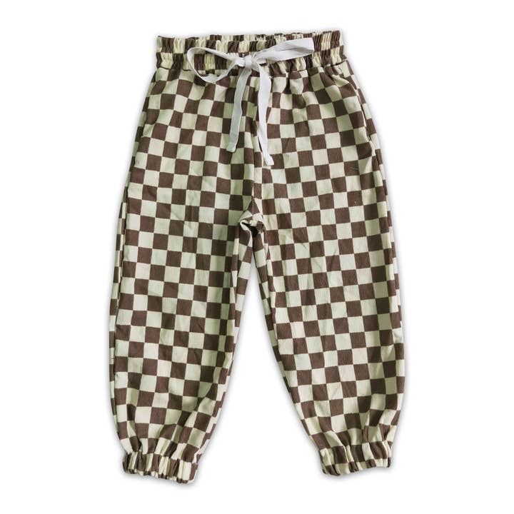Yawoo Garments - Wholesale Pants - Kids - Khaki plaid functional drawstring pocket kids cotton pants