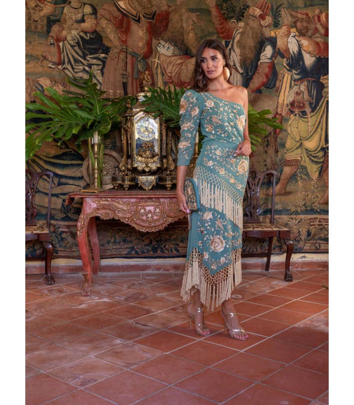 GRÜN REF.: 000015 Káhyra Alboreá Chiffon-Schalrock in Wassergrün mit Beigen Blumenmotiven für den Großhandel auf Faire2