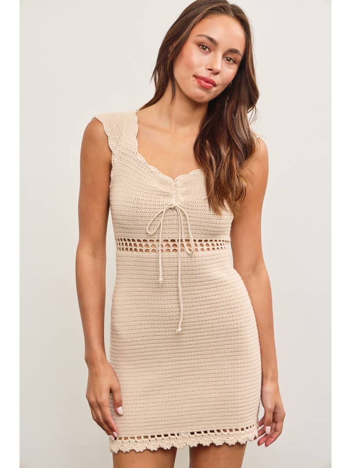 ECRU RUCHED CROCHET SWEATER DRESS for wholesale on Faire