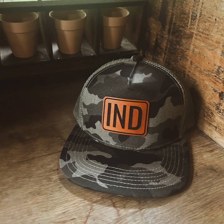 Left Grain - Wholesale Trucker Hat - Unisex - IND Leather Patch on Gray Camo Trucker Hat - Kids
