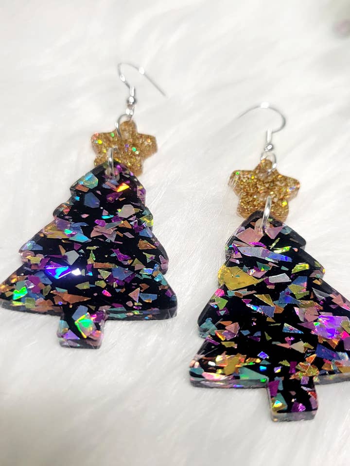 Iridescent Confetti Christmas Tree Earrings for wholesale by A Little Bit of Summer LLC