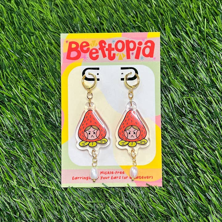 Beeftopia - Wholesale Dangle Earrings - Grumpy Strawberry Earrings | Cute Novelty Jewelry