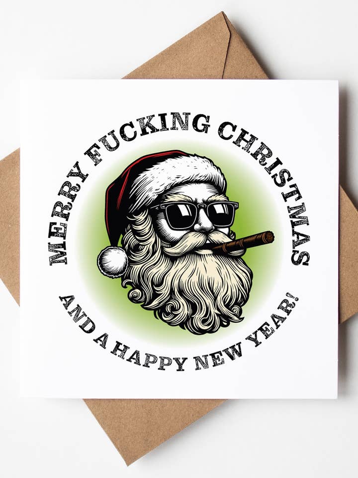 Buon Fottuto Natale di Babbo Natale con gli Occhiali da Sole e un Biglietto di Auguri di Buon Anno (Confezione da 6) per la vendita all'ingrosso da parte di Sweary Card Lady