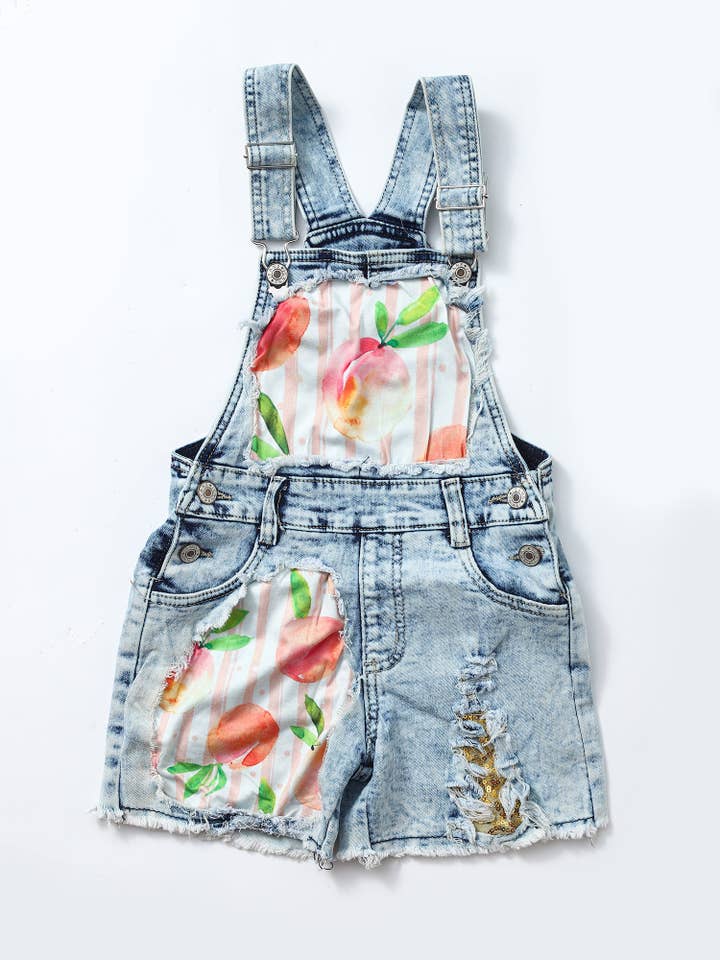 Salopette corta in denim con stampa pesca per bambine e bambine per la vendita all'ingrosso da parte di sassy kids palace