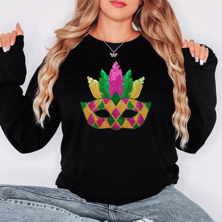 Mardi Gras Mask Sequin Patch Everyday Long Sleeve Tee for wholesale by Trendy Tee Co.